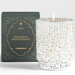Crate & Barrel Fete Silver Alpine Holiday 1-Wick Balsam & Peppermint Candle New